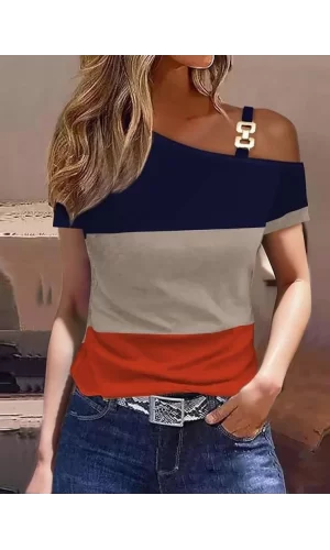 Kadın Kısa Kollu Tek Omuzu Açık Toka Detaylı çok Renkli Viskon Bluz