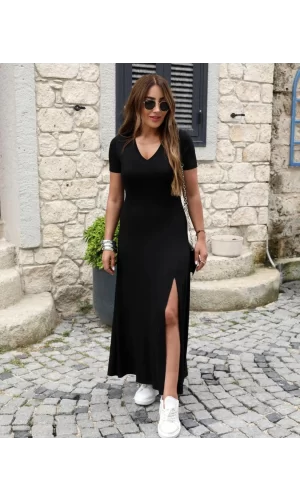 Kadın Kısa Kollu V Yaka Maxi Boy Elbise 124 Cm