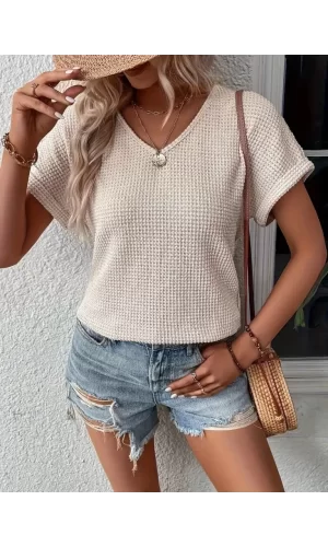 Kadın Kısa Kollu V Yaka Sırt Düğme Detay Triko Bluz