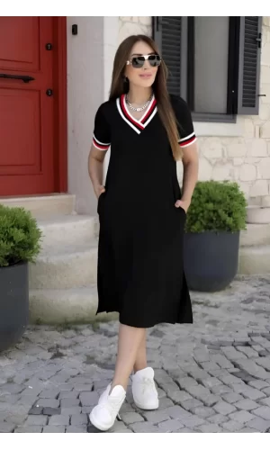 Kadın Kısa Kollu V Yaka Ve Yaka Ribana Detay Midiboy Viskon Elbise