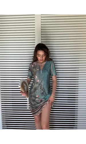 Kadın Kısa Kollu V Yakalı çiçek Baskılı Midi Süprem Elbise