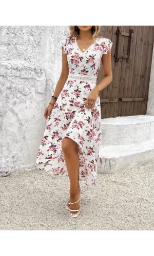 Kadın Kısa Kollu V Yakalı çiçek Desenli önü Kısa Arkası Uzun Süprem Elbise