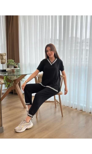 Kadın Kısa Kollu V Yakalı Iki Iplik Bluz Ve Pantolon Ikili Takım