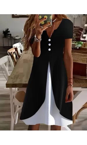 Kadın Kısa Kollu V Yakalı önden Düğmeli çift Renkli Viskon Elbise