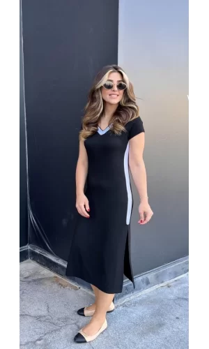 Kadın Kısa Kollu V Yakalı Yandan şerit Ve Yırtmaçlı Viskon Uzun Elbise