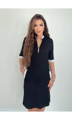 Kadın Kısa Kollu Yakadan Fermuarlı Cepli Yandan Yırtmaçlı Viskon Elbise