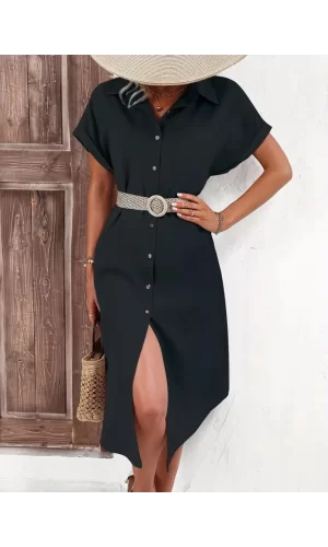 Kadın Kısa Kollu Yakalı Düğme Detay Midi Dokuma Elbise