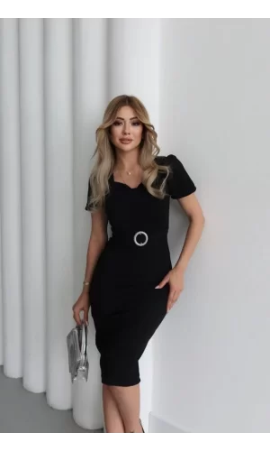Kadın Kısa Kollu Yakası Açık önden Halka Detaylı Ithal Krep Elbise