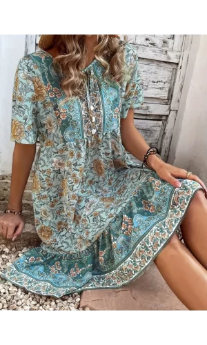 Kadın Kısa Kollu Yakası Bağcıklı önden Düğmeli Fırfır Desenli Süprem Elbise