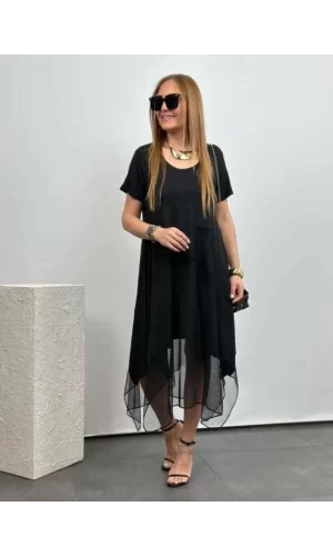 Kadın Kısa Kollu Yuvarlak Tüllü Asimetrik Detaylı Viskon Elbise