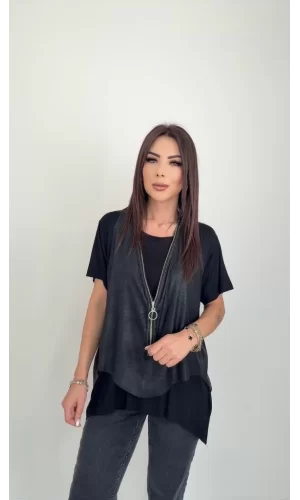 Kadın Kısa Kollu Yuvarlak Yaka Viskon Bluz + Kolsuz Fermuarlı çatlak Deri Yelek