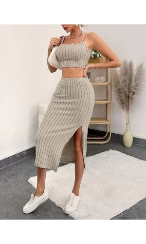Kadın Kolsuz Askılı Crop Yırtmaçlı Midi Etek Fitilli Kaşkorse Takım