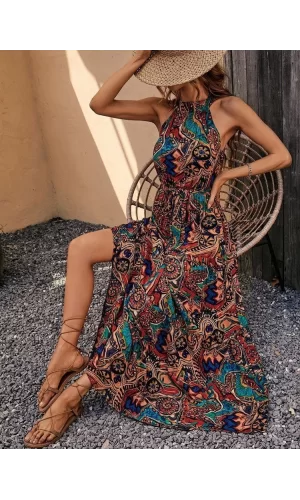 Kadın Kolsuz Halter Yaka Beli Lastikliotantik Desenli Mikro Kumaş Elbise