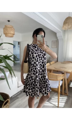 Kadın Kolsuz Sırttan Bağlamalı Fırfırlı Leopar Desenli Süprem Elbise