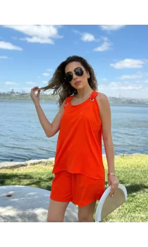 Kadın Kolsuz V Yaka Kuş Gözü Detay Bluz Short Aerobin Ikili Takım