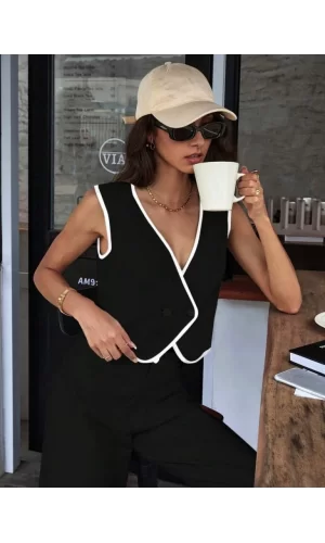 Kadın Kolsuz V Yakalı Düğmeli Ithal Krep Yelek Ve Pantolon Ikili Takım
