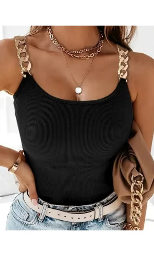 Kadın Kolsuz Zincir Askılı Kaşkorse Bodycon Bluz