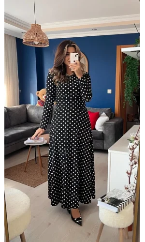 Kadın Krep Kumaş Uzun Kollu Tam Boy Puantiyeli Elbise 132 Cm
