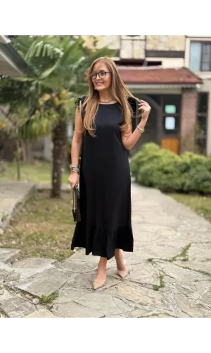 Kadın Omuzlardan Büzgülü Kayık Yaka Fırfırlı Janjan Krep Elbise