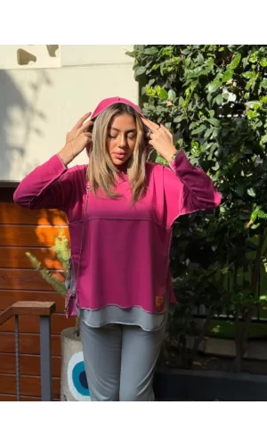 Kadın Pembe Kapşonlu Etek Ucu Detay Arma Ters Dikiş Gorunumlu Ikili Takım