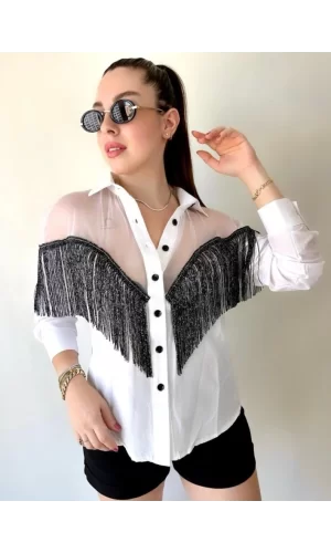 Kadın Püskül Detay Poplin Gömlek Bluz Fırsat Ürün