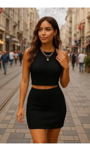 Kadın Sıfır Kol Crop Mini Etek Ikili Triko Takım