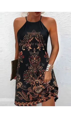 Kadın Sıfır Kollu Halter Yakalı Desenli Süprem Elbise