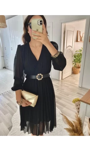 Kadın şifon Kumaş Astalı Kloş Kesim Kruvaze Yaka Midi Boy Elbise