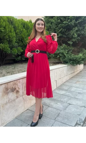 Kadın şifon Kumaş Astalı Kloş Kesim Kruvaze Yaka Midi Boy Elbise