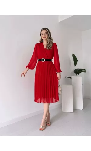 Kadın şifon Kumaş Astalı Kloş Kesim Kruvaze Yaka Midi Boy Elbise