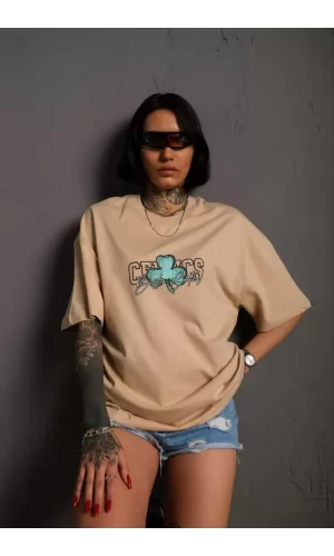 Luz&Pos Kadın Sırt Baskılı T-shirt - Bej