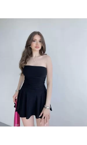 Luz&Pos Kadın Straplez Sandy Kumaş Şortlu Prenses Etek Mini Klos Elbise- Siyah