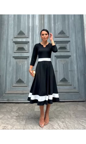 Kadın Truvakarkol Yakası Açık Blok Renkli Krep Midi Elbise