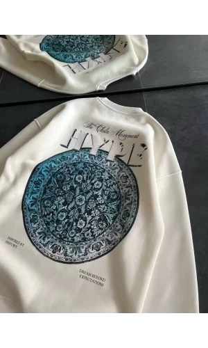 Luz&Pos Kadın Üç İplik Bisiklet Yaka Baskılı Sweatshirt - Beyaz