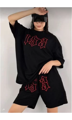 Luz&Pos Kadın Unisex Nakış İşlemeli Şort Takım - Siyah