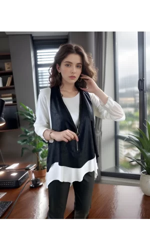 Kadın Uzun Kol Asimetrik Kesim Viskon Bluz Ve çatlak Deri Görünümlü Fermuar Detaylı Yelek Ikili Takım