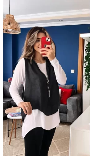 Kadın Uzun Kol Asimetrik Kesim Viskon Bluz Ve çatlak Deri Görünümlü Fermuar Detaylı Yelek Ikili Takım