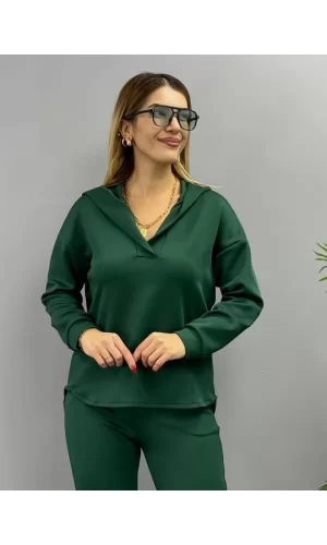 Kadın Uzun Kol V Yaka Kapüşon Detay Sweat Ve Yüksel Bel Eşofman Ikili Takım