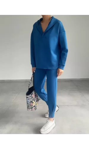 Kadın Uzun Kol V Yaka Kapüşon Detay Sweat Ve Yüksel Bel Eşofman Ikili Takım