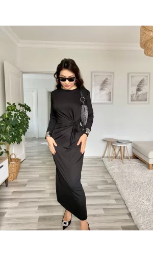 Kadın Uzun Kollu Bisiklet Yaka Belden çapraz Bağlamalı Yandan Yırtmaçlı Uzun Viskon Iki Iplik Elbise