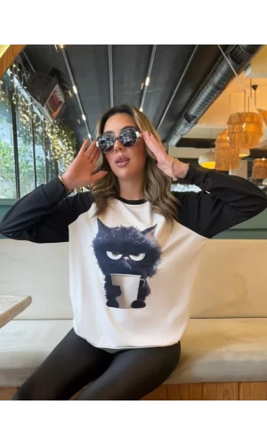 Kadın Uzun Kollu Bisiklet Yaka Kedi Baskılı şardonlu Dalgıç Bluz