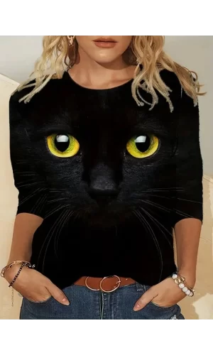Kadın Uzun Kollu Bisiklet Yaka Kedi Desenli Süprem Bluz