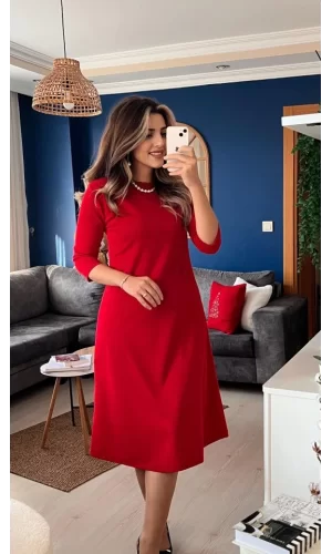 Kadın Uzun Kollu Bisiklet Yaka Midi Ithal Krep Elbise