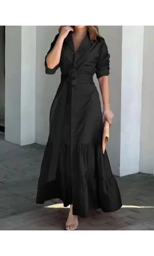 Kadın Uzun Kollu Eteği Fırfırlı Beli Kuşaklı Trikoton Tam Boy Gömlek Elbise
