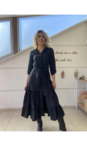 Kadın Uzun Kollu Eteği Fırfırlı Beli Kuşaklı Trikoton Tam Boy Gömlek Elbise