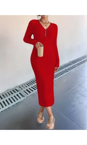 Kadın Uzun Kollu Fermuar Detay Fitilli Kaşkorse Kumaş Maxi Boy Elbise