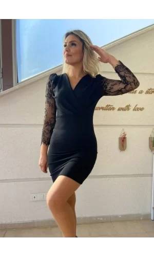 Kadın Uzun Kollu Kruvaze Yaka Kollar Tül Detay Krep Mini Boy Elbise