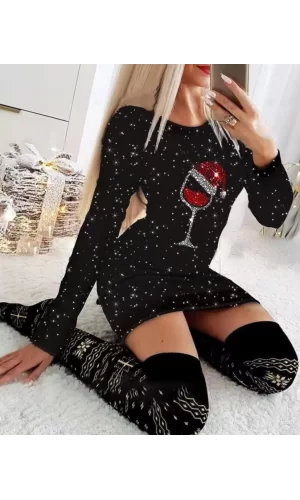 Kadın Uzun Kollu Taş Kadeh Baskı Mikro Mini Boy Elbise
