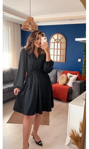 Kadın Uzun Kollu V Yakalı Belden Kuşaklı Kiloş Krep Elbise