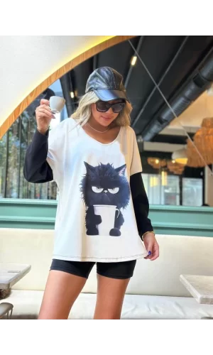 Kadın Uzun Kollu V Yakalı Kedi Baskılı şardonlu Dalgıç Bluz